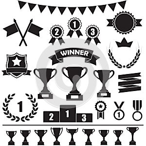 Trophy and awards icon set: laurel wreath, winning trophy cup, crown, medals, pedestal, flags, ribbons. Vector illustration